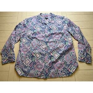 Talbots Women Petite Lg Button Up Paisley Medallion Blouse Top Blue Pink Green